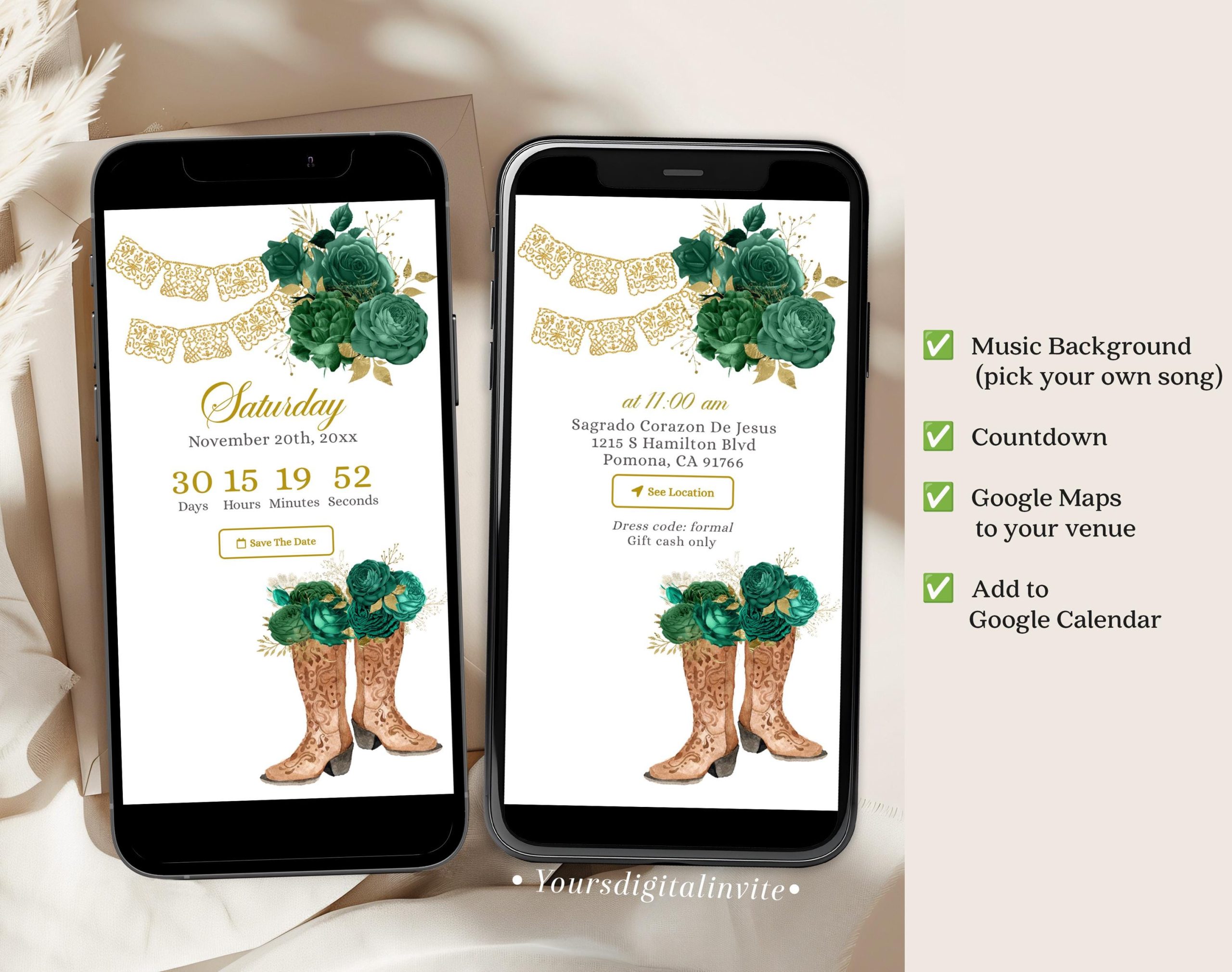 Gold and Emerald Green Western Charra Quinceañera Invitation