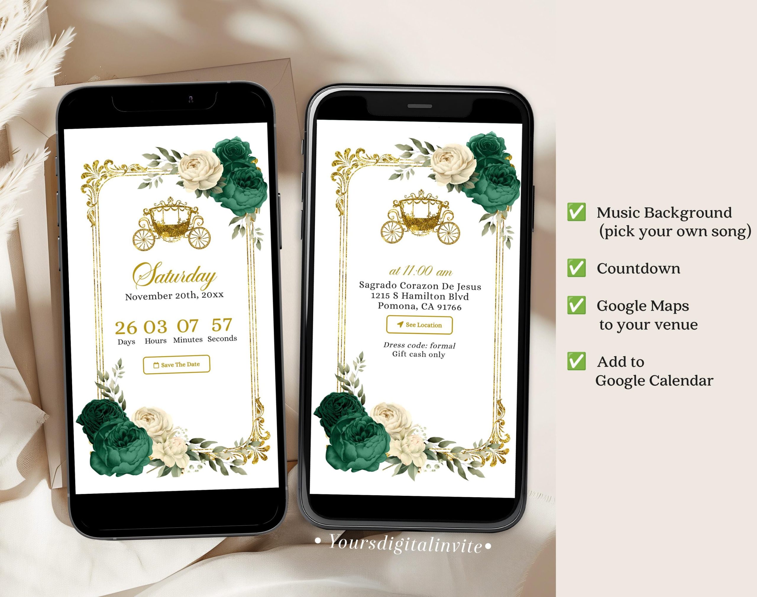 3 q3 emerald Gold and Emerald Green Castle Princess Miss Quince Anos Invitation