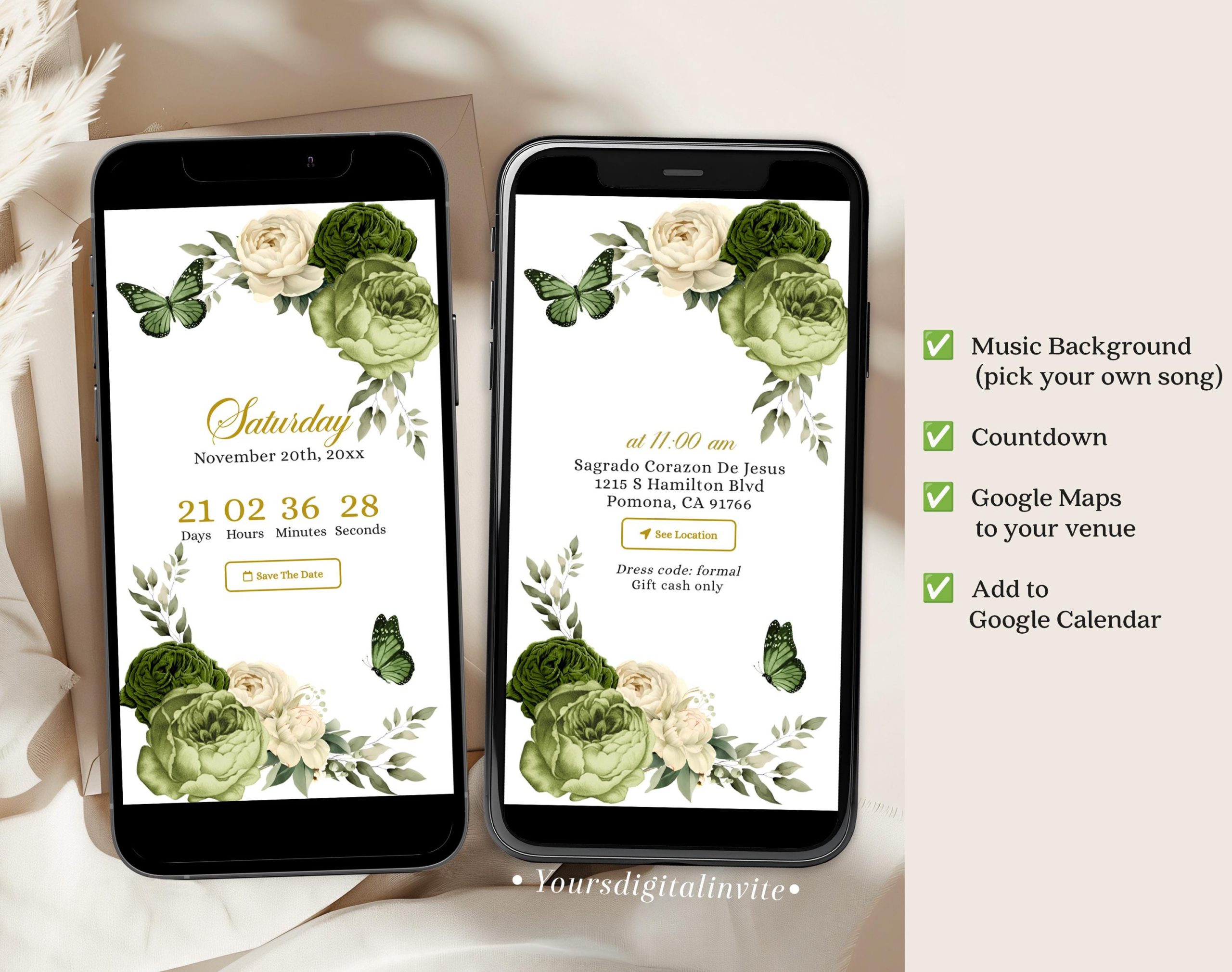 Q34 Butterfly Sage Green Quinceañera Invitation