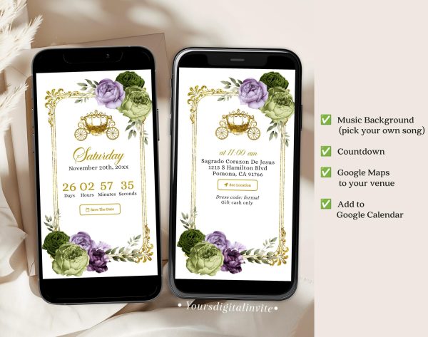Q34 Elegant Royal Castle Purple Lilac and sage green Princess Quinceañera Invitation