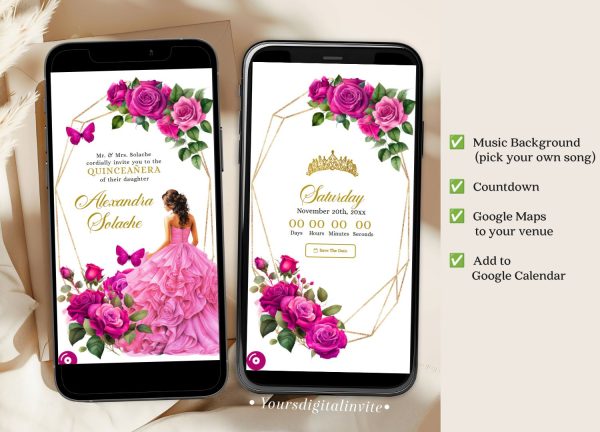 Geometric Pink Fuchsia Floral Quinceanera Invitation