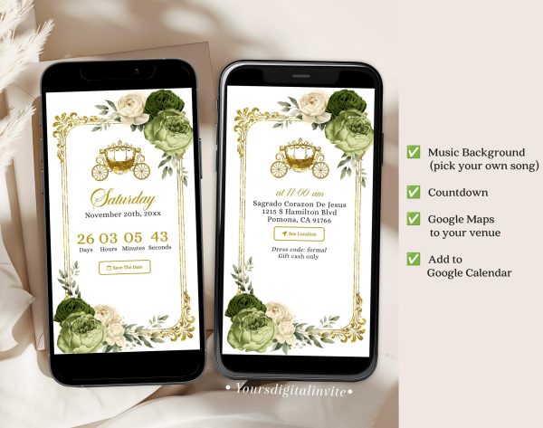 Q34 Elegant Royal Castle Gold Sage Green Princess Quinceañera Invitation