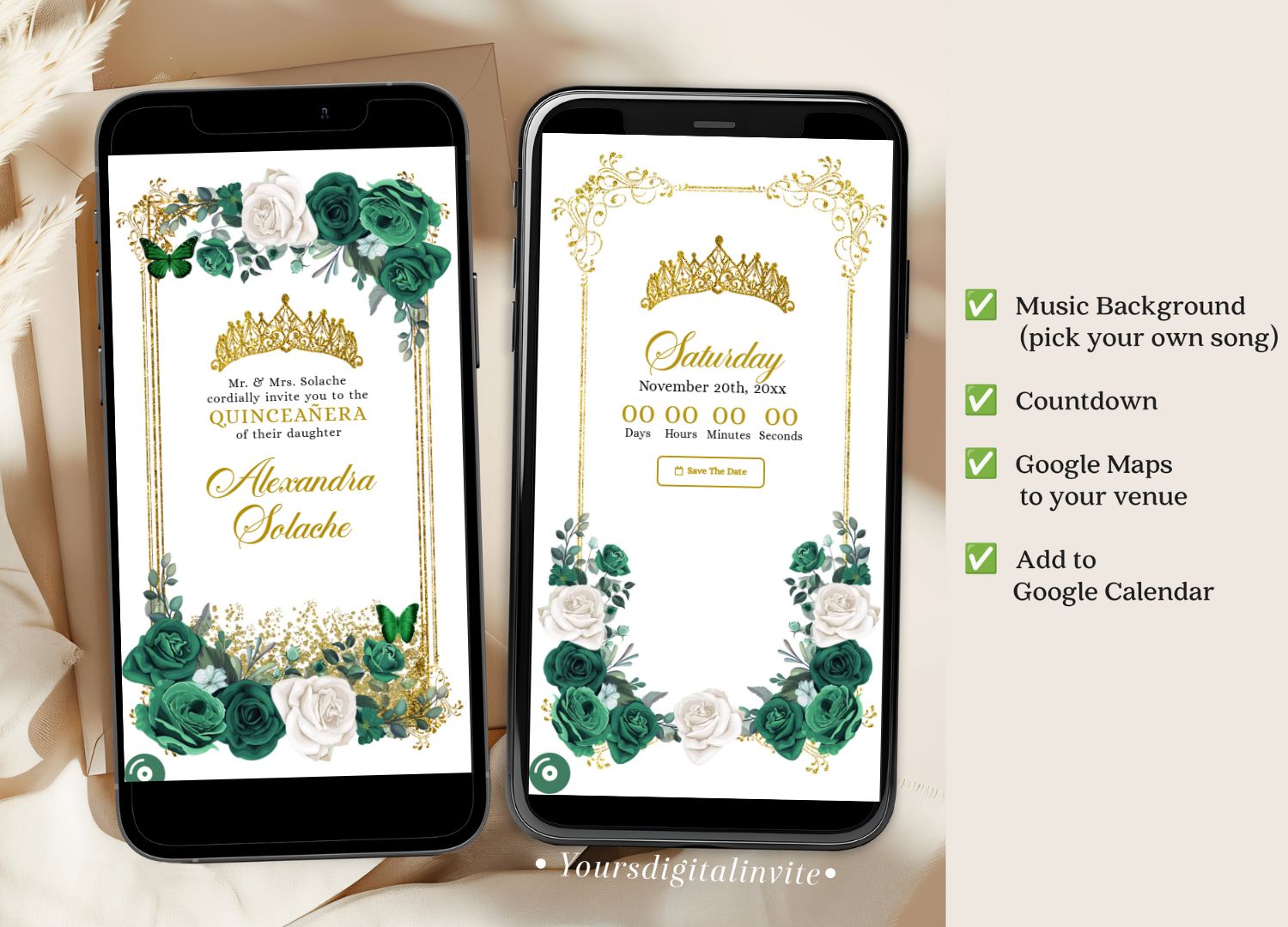 Gold Emerald Green Mexican Floral Quinceanera Invitation