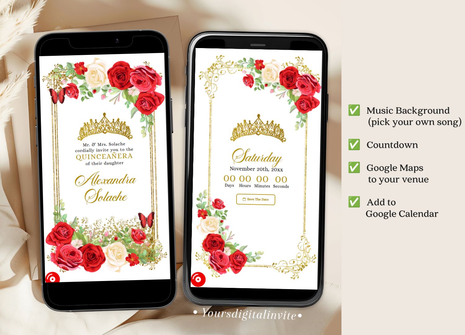 3 q39 red Gold Red Mexican Floral Quinceanera Invitation