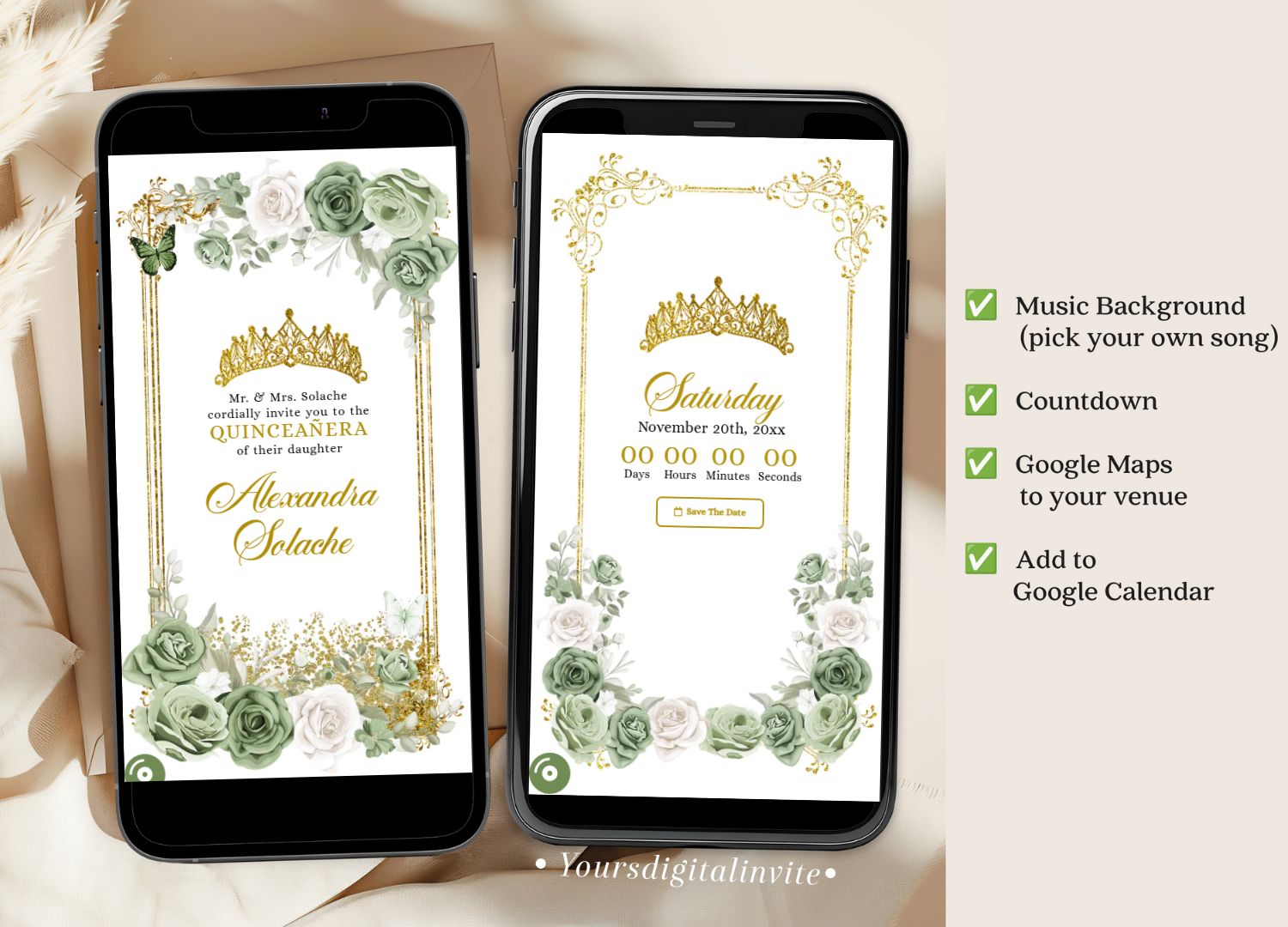 Gold Sage Green Mexican Floral Quinceanera Invitation