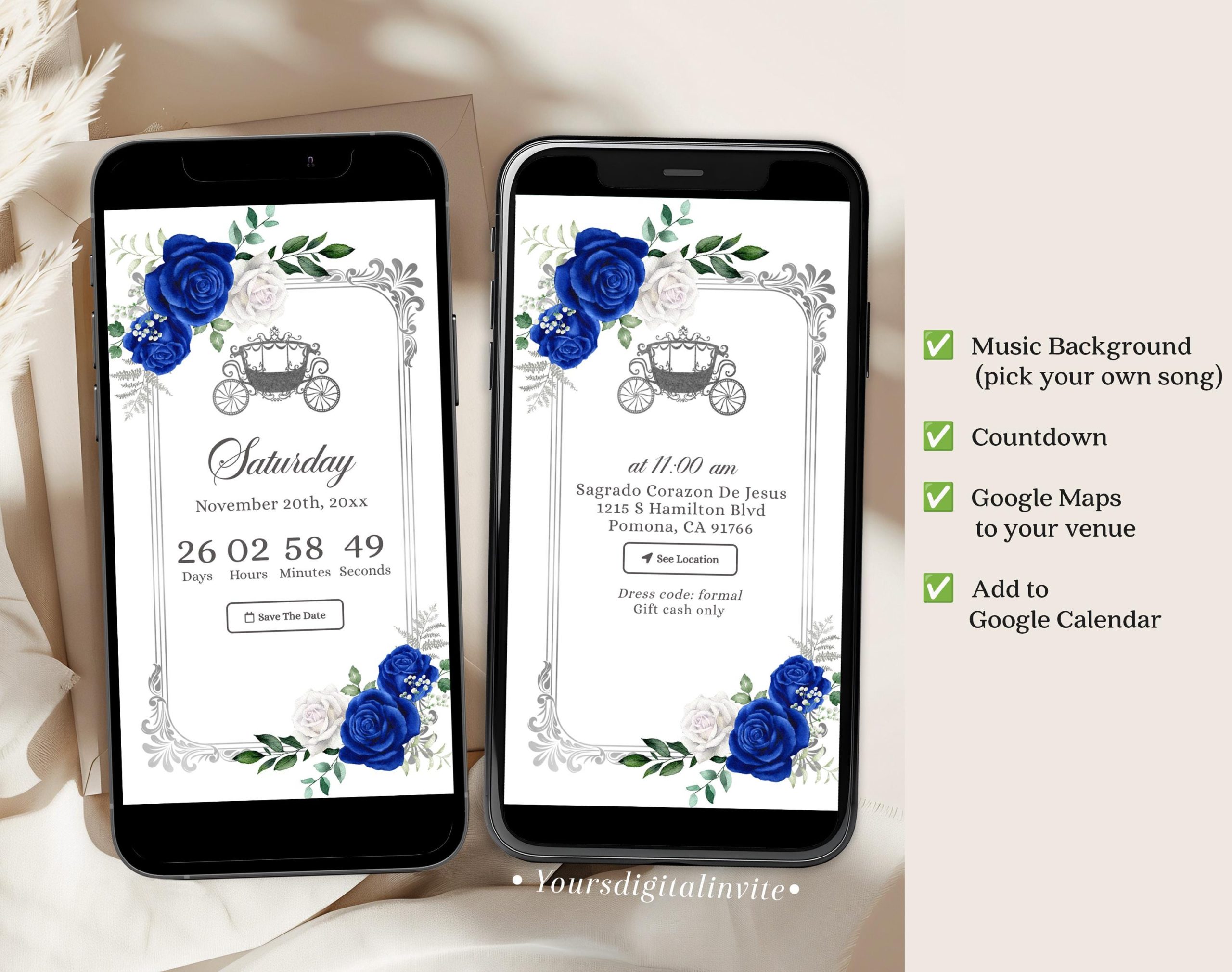 Q4 Fairytale Royal Blue Castle Elegant Quinceañera Invitation