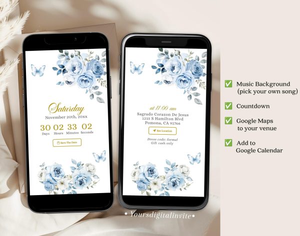 Q41 Elegant Light Blue Floral Royal Crown Mexican Quinceañera Invitation