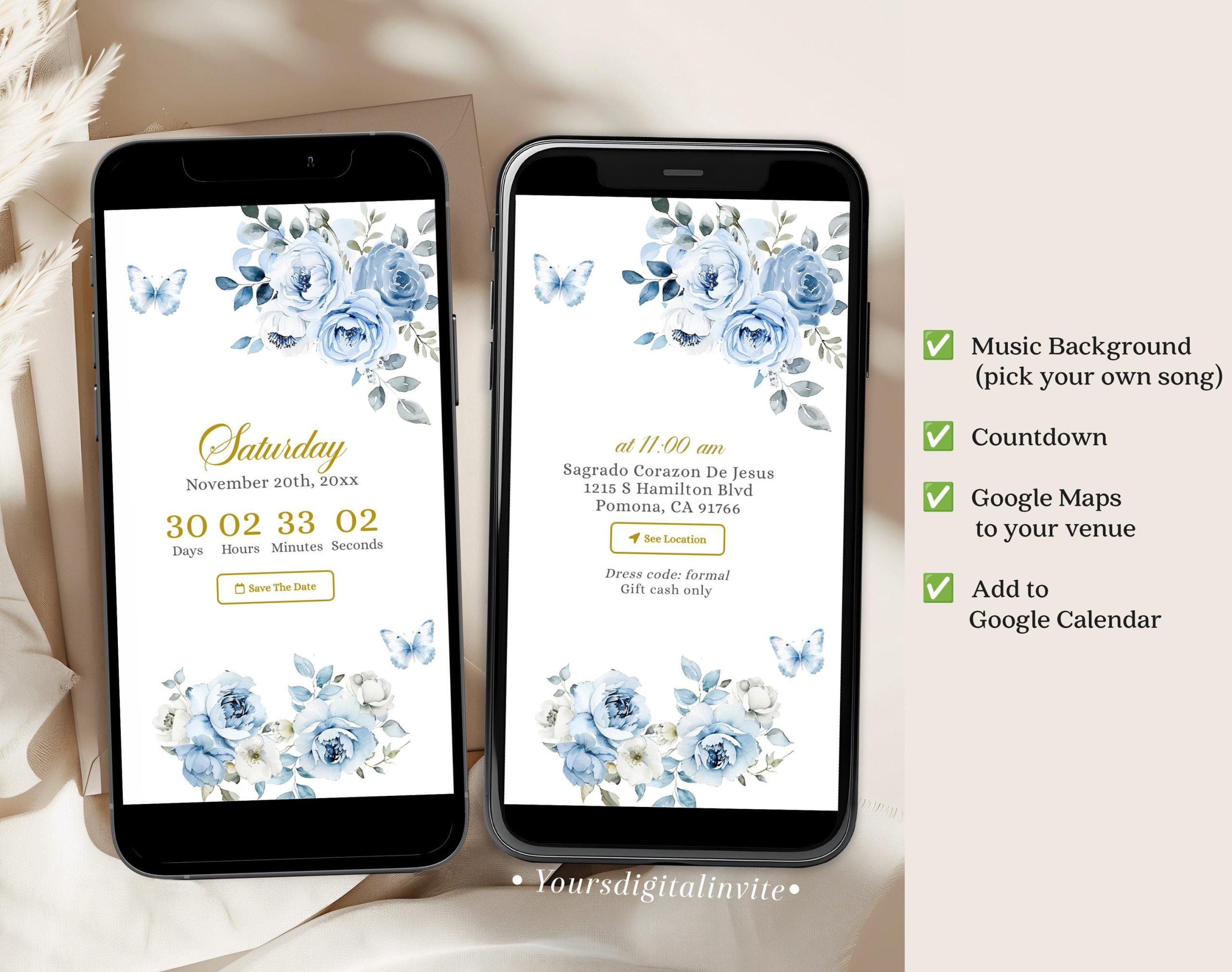 Q41 Elegant Light Blue Floral Royal Crown Mexican Quinceañera Invitation