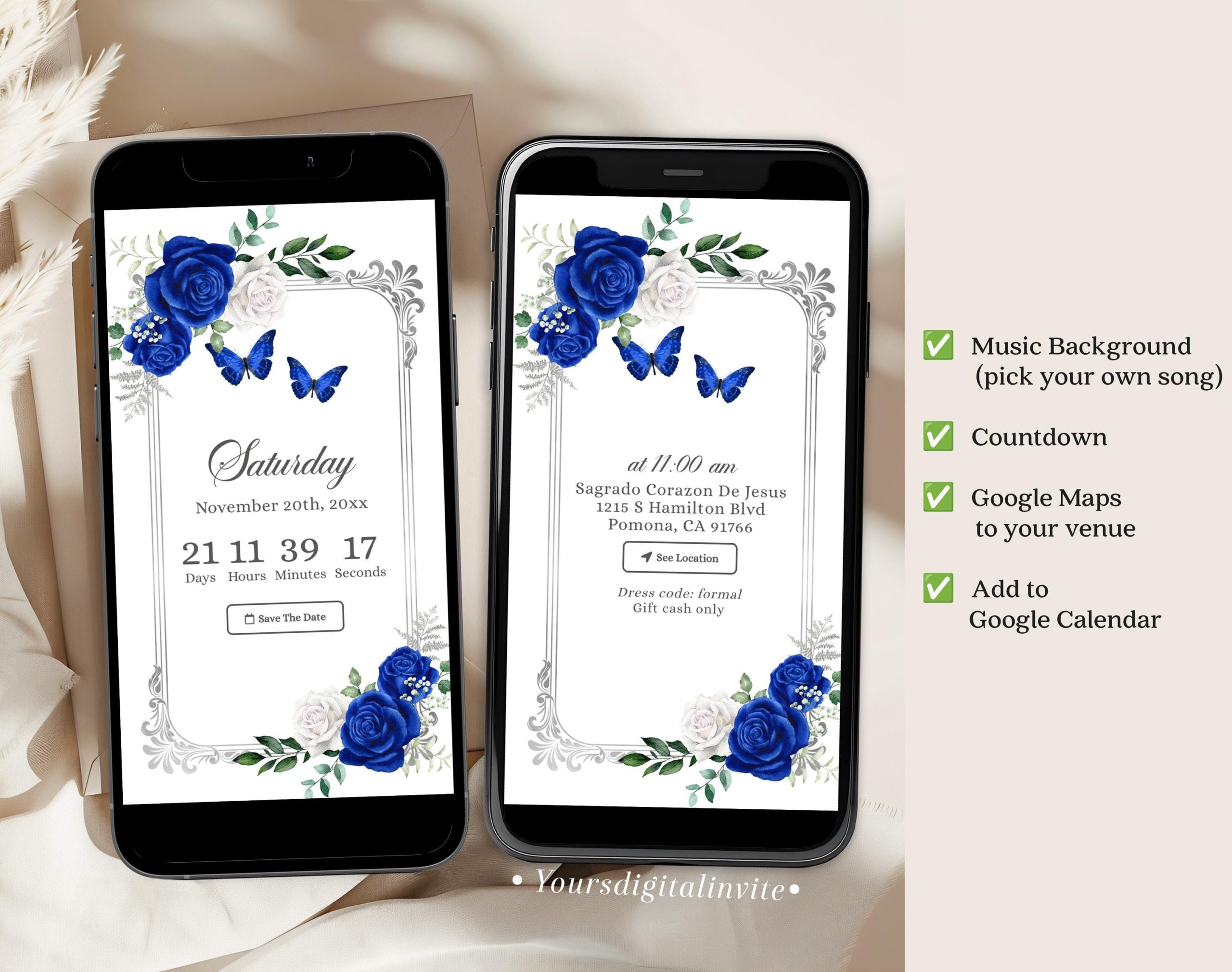 Silver and Royal Blue Princess Quinceañera Invitation