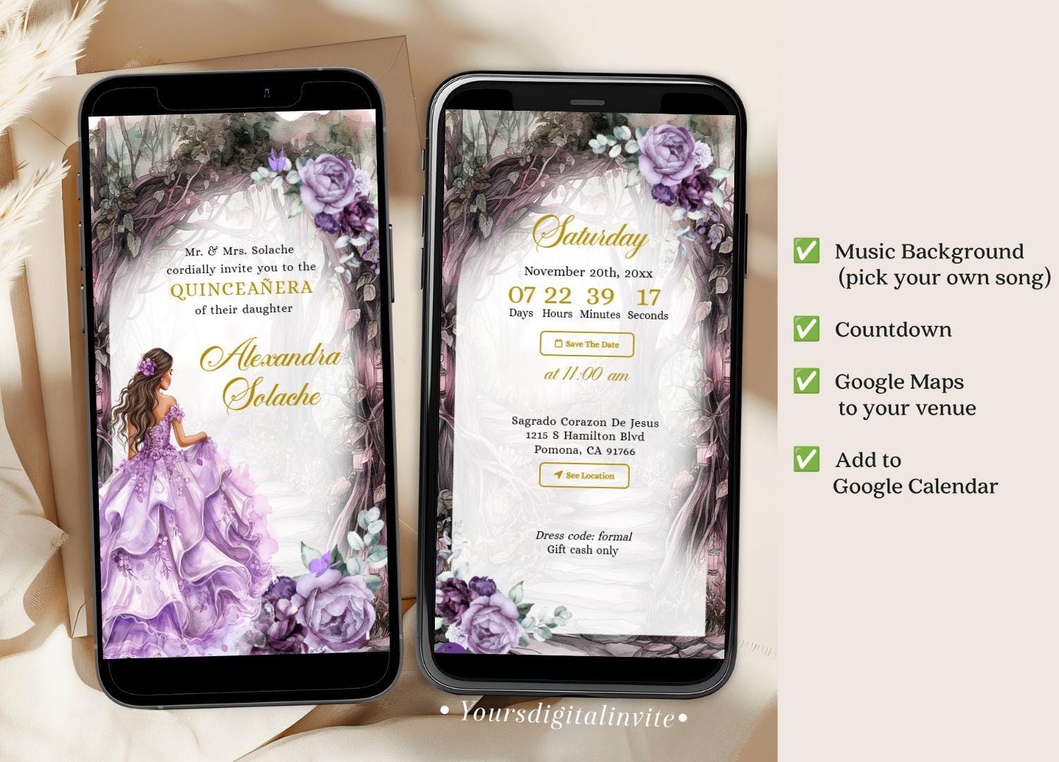 3 whim purple A14 Whimsical Forest Purple Quinceañera Invitation