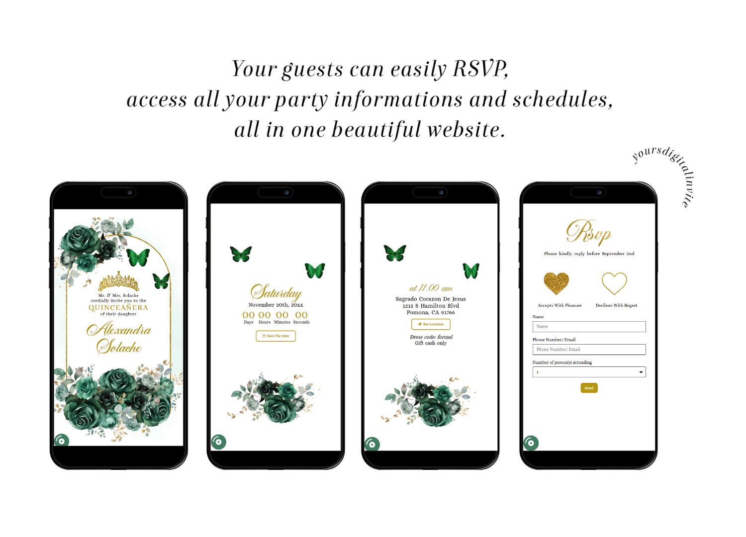 A17 2 Boho Gold Green Emerald Beautiful Princess Mexican Quince Anos Invitation