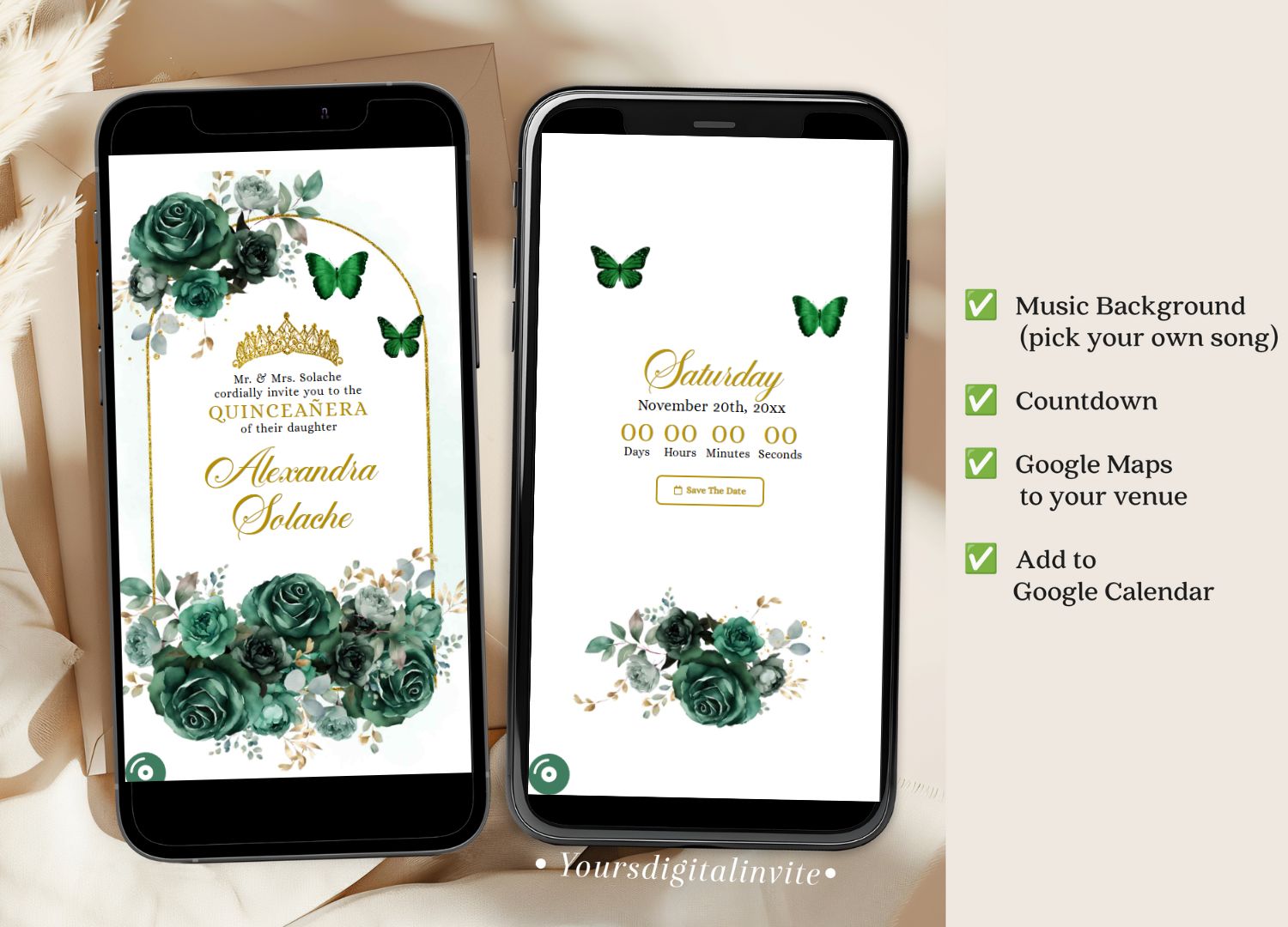 A17 emerald 3 Boho Gold Green Emerald Beautiful Princess Mexican Quince Anos Invitation