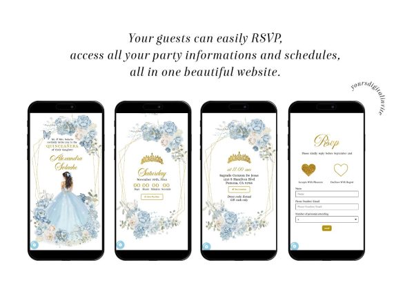 A16 Dusty Blue And Gold Mexican Princess Quinceañera Invitation