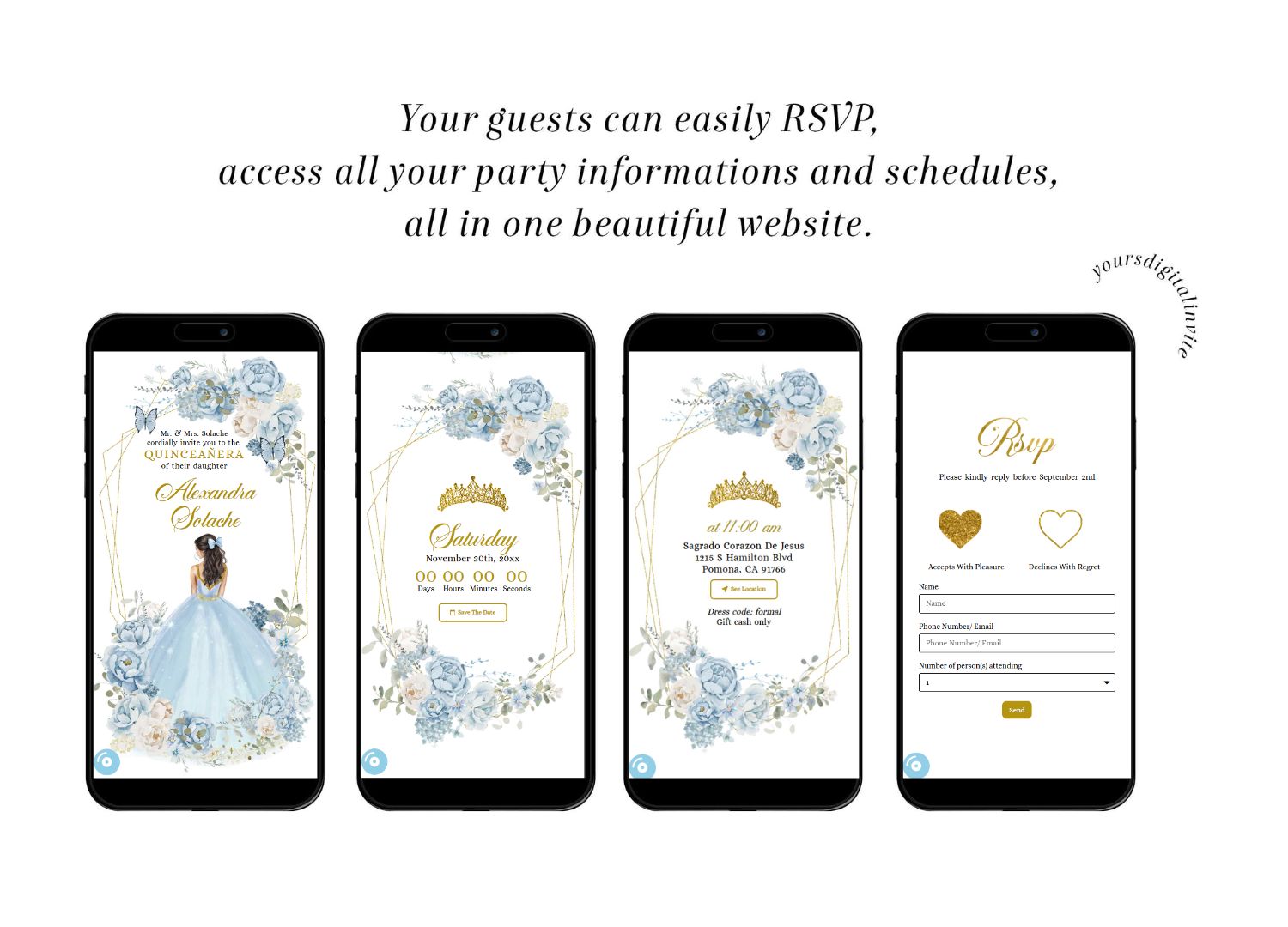 All (1) A16 Dusty Blue And Gold Mexican Princess Quinceañera Invitation