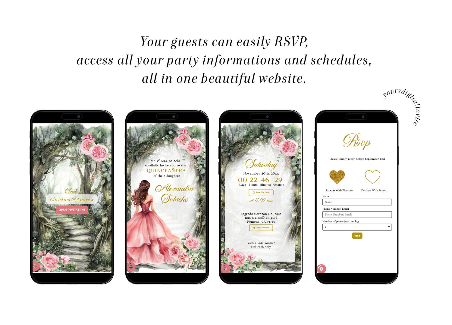 A14 Fairytale Princess Pink Enchanted Forest Quinceañera Invitation