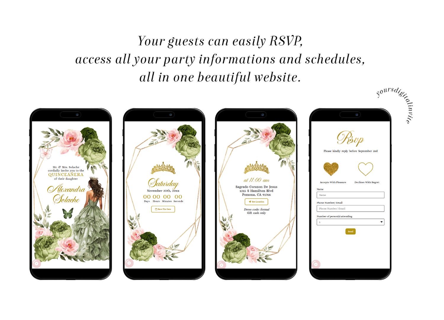 All (1) Geometric Butterfly Blush Pink and Sage Green Quinceañera Invitation