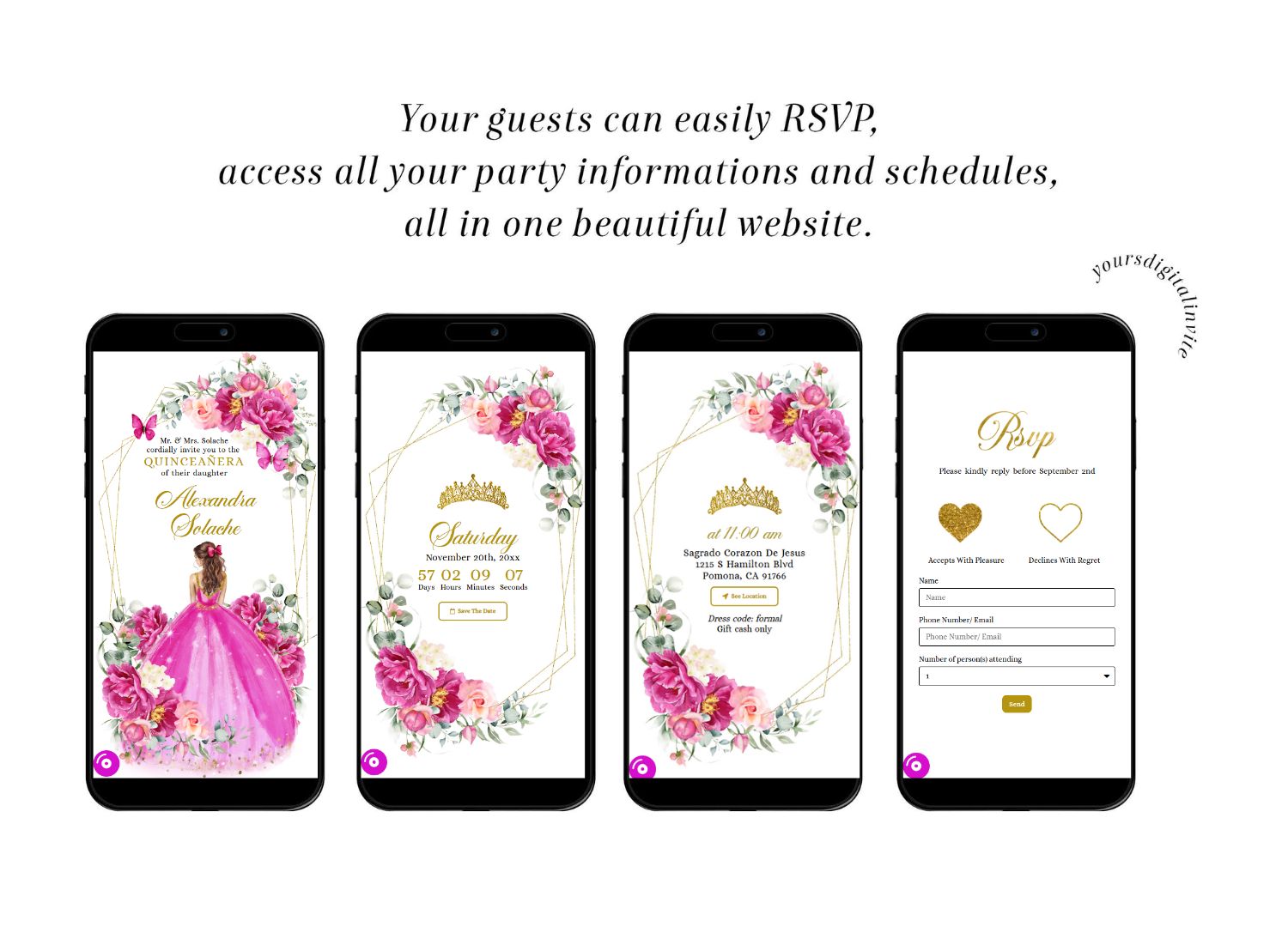 All (1) Geometric Fuchsia Pink And Gold Mexican Princess Quinceañera Invitation