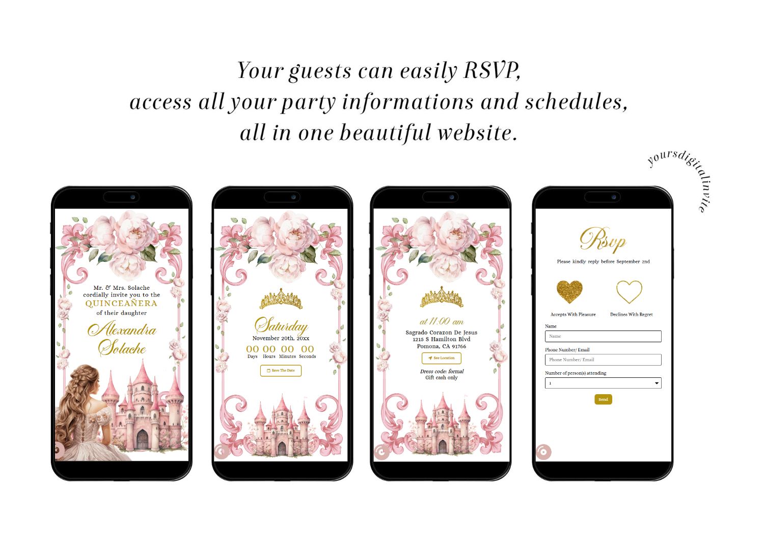 A15 Fairytale Princess Castle Pink Floral Quinceañera Invitation