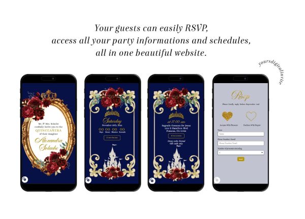 A15 Fairytale Royal Blue and Red Rose Quinceañera Invitation