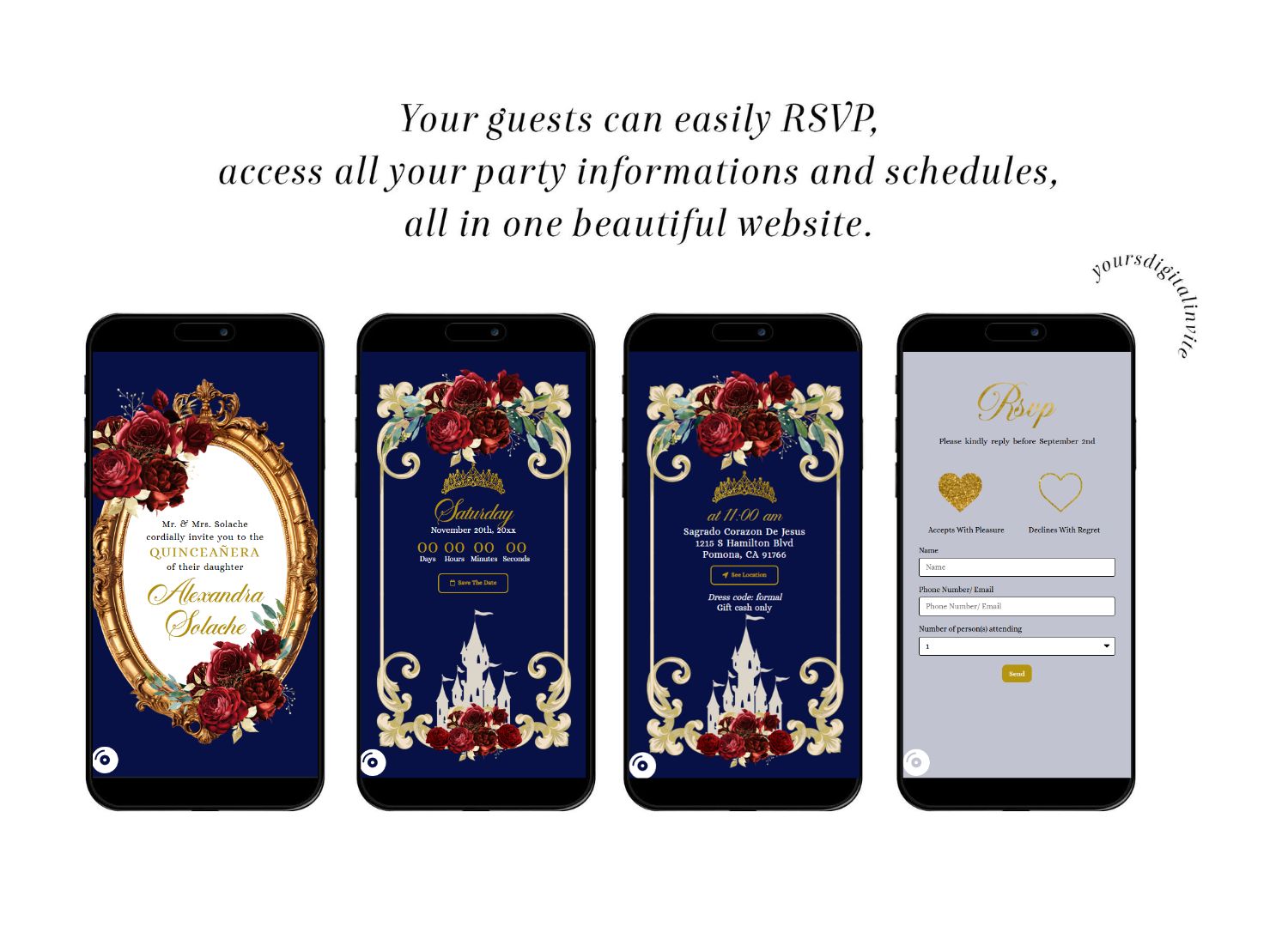 All A15 Fairytale Royal Blue and Red Rose Quinceañera Invitation