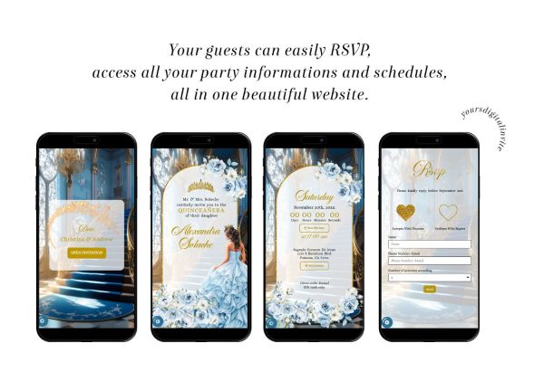 Dusty Blue Fairytale Floral Princess Quinceañera Invitation
