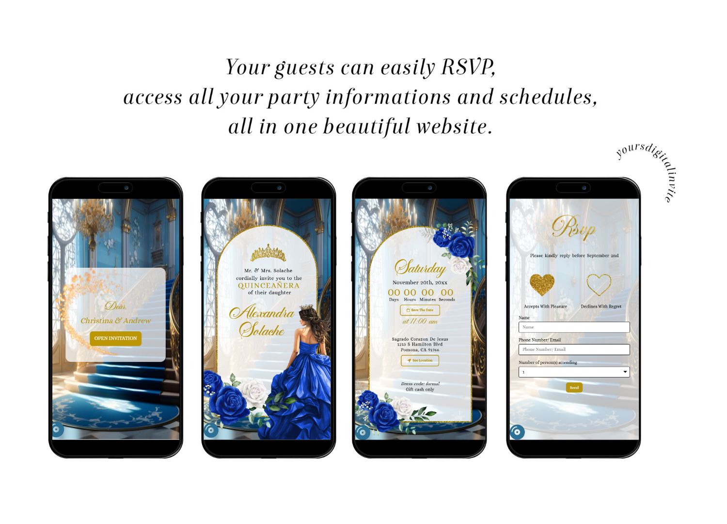 A15 Royal Blue Fairytale Floral Princess Quinceañera Invitation