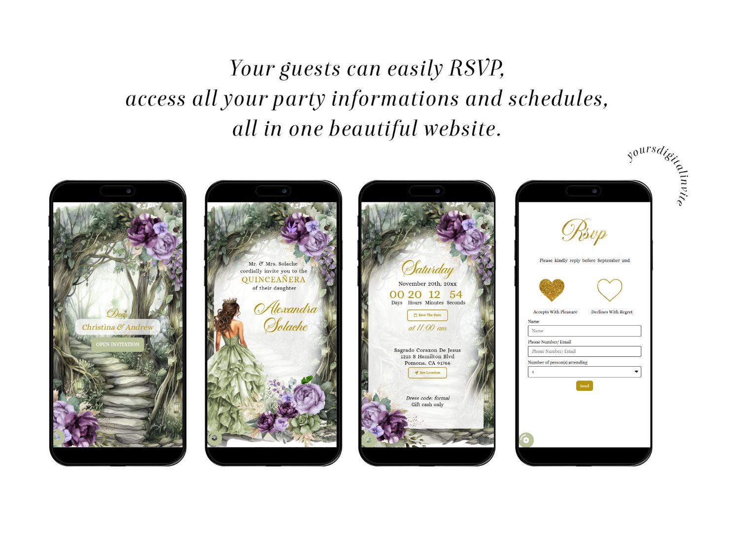 Sage Green Purple Whimsical Forest Quinceañera Invitation