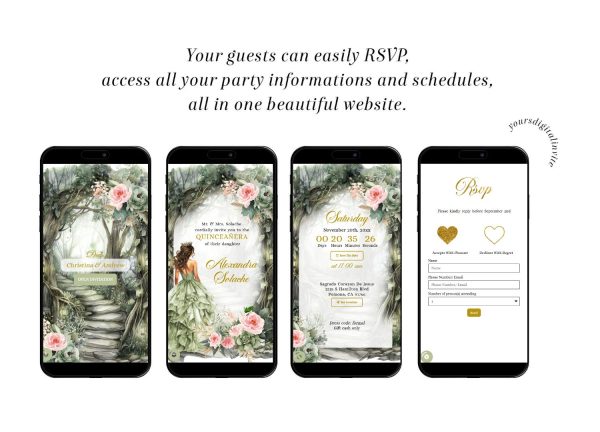 A14 Sage Green Pink Whimsical Forest Quinceañera Invitation