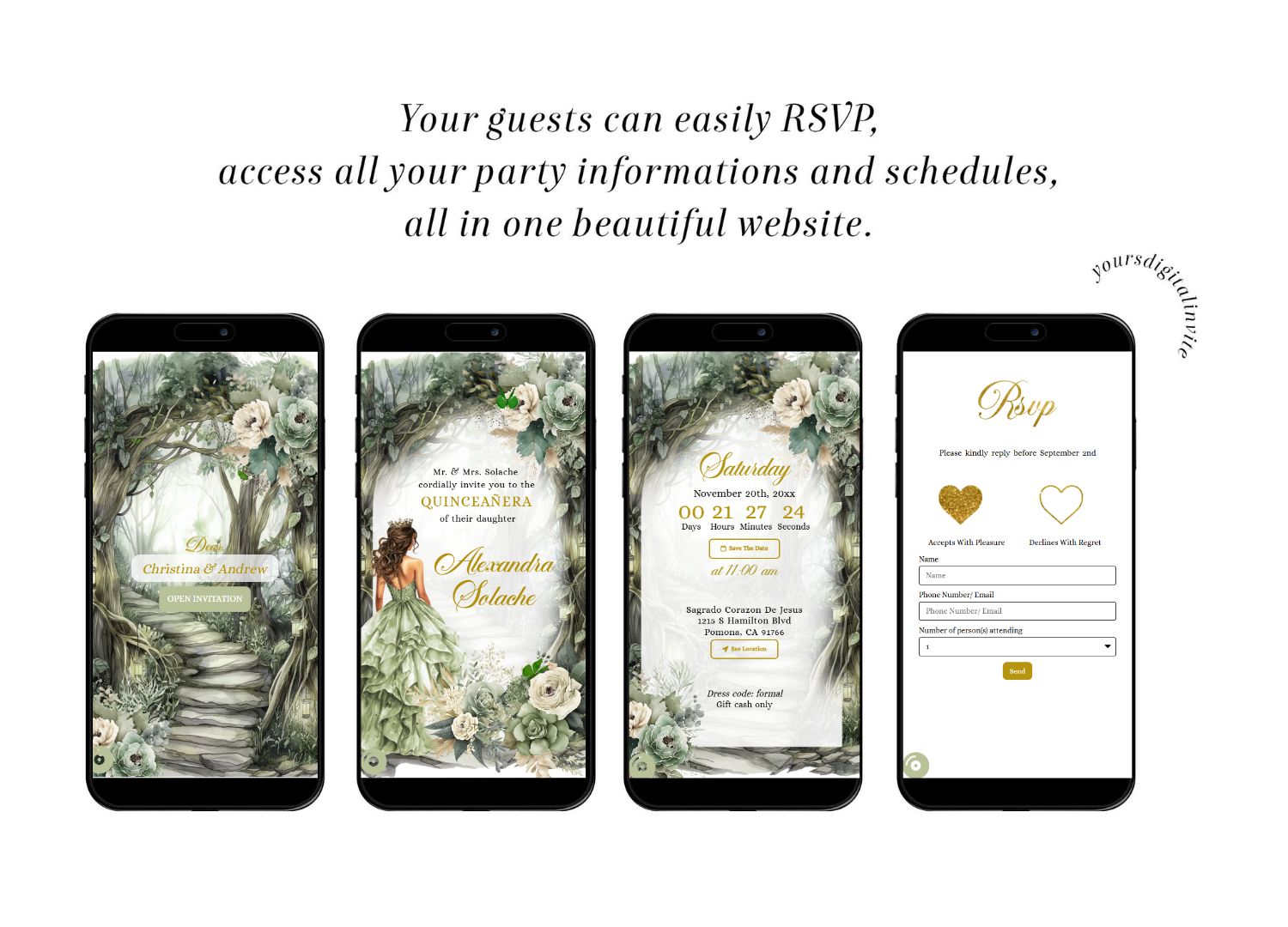 Sage Green Whimsical Forest Quinceañera Invitation