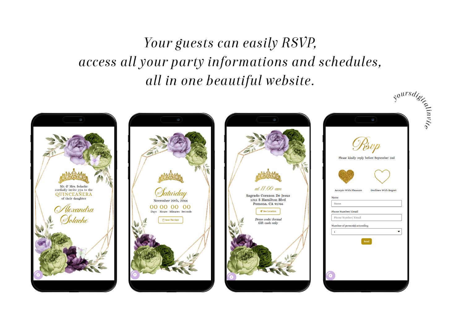 Q34 Geometric Butterfly Purple Lilac and Sage Green Quinceañera Invitation