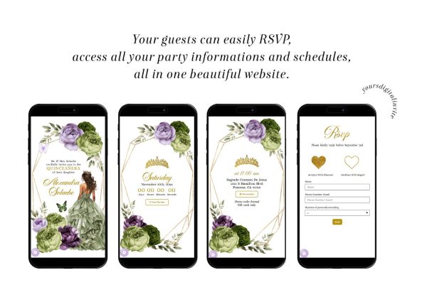Q34 Geometric Butterfly Purple Lilac and Sage Green Quinceañera Invitation