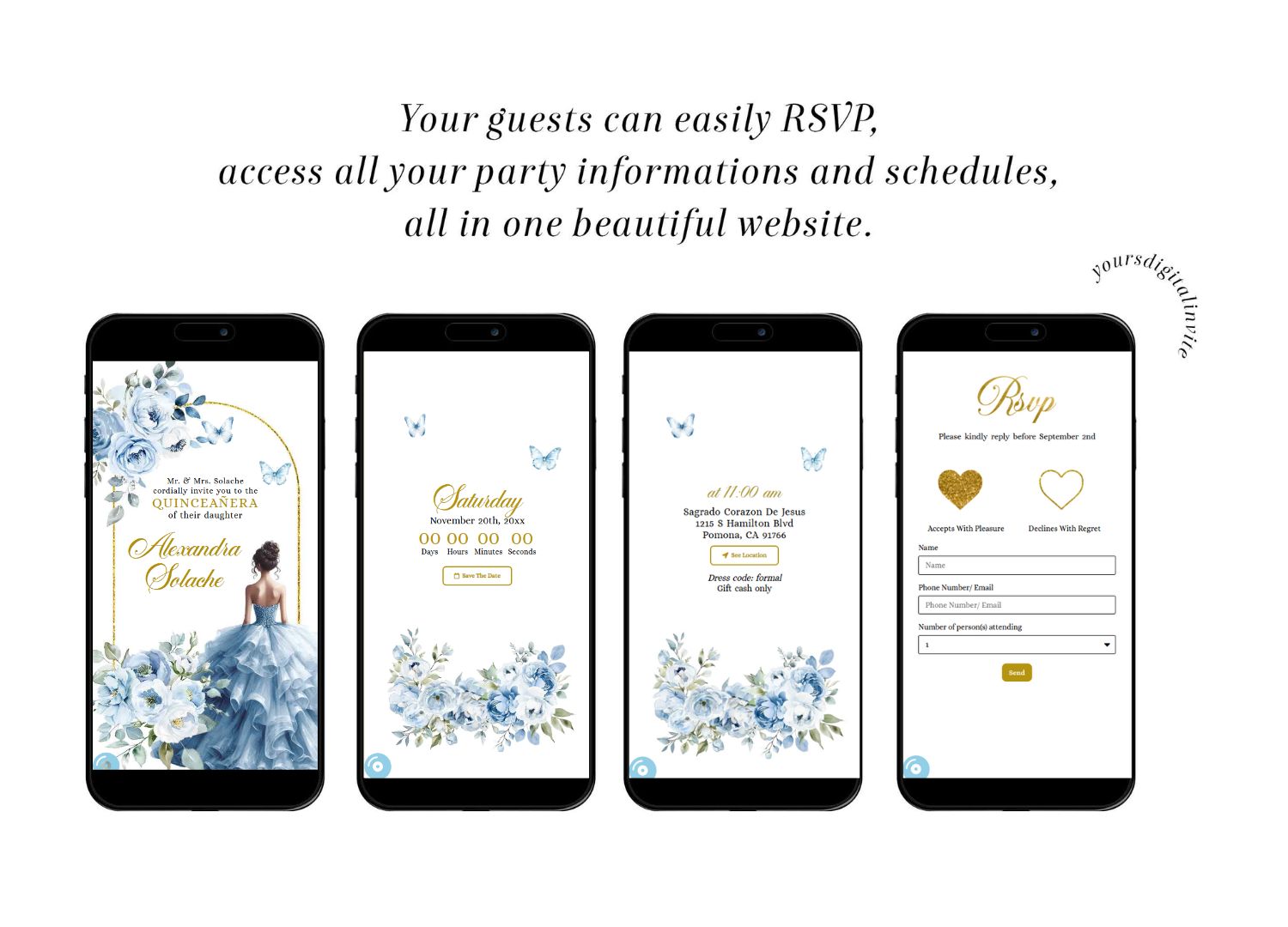 Elegant Dusty Blue Mis Quince Anos Butterfly Garden Invitation