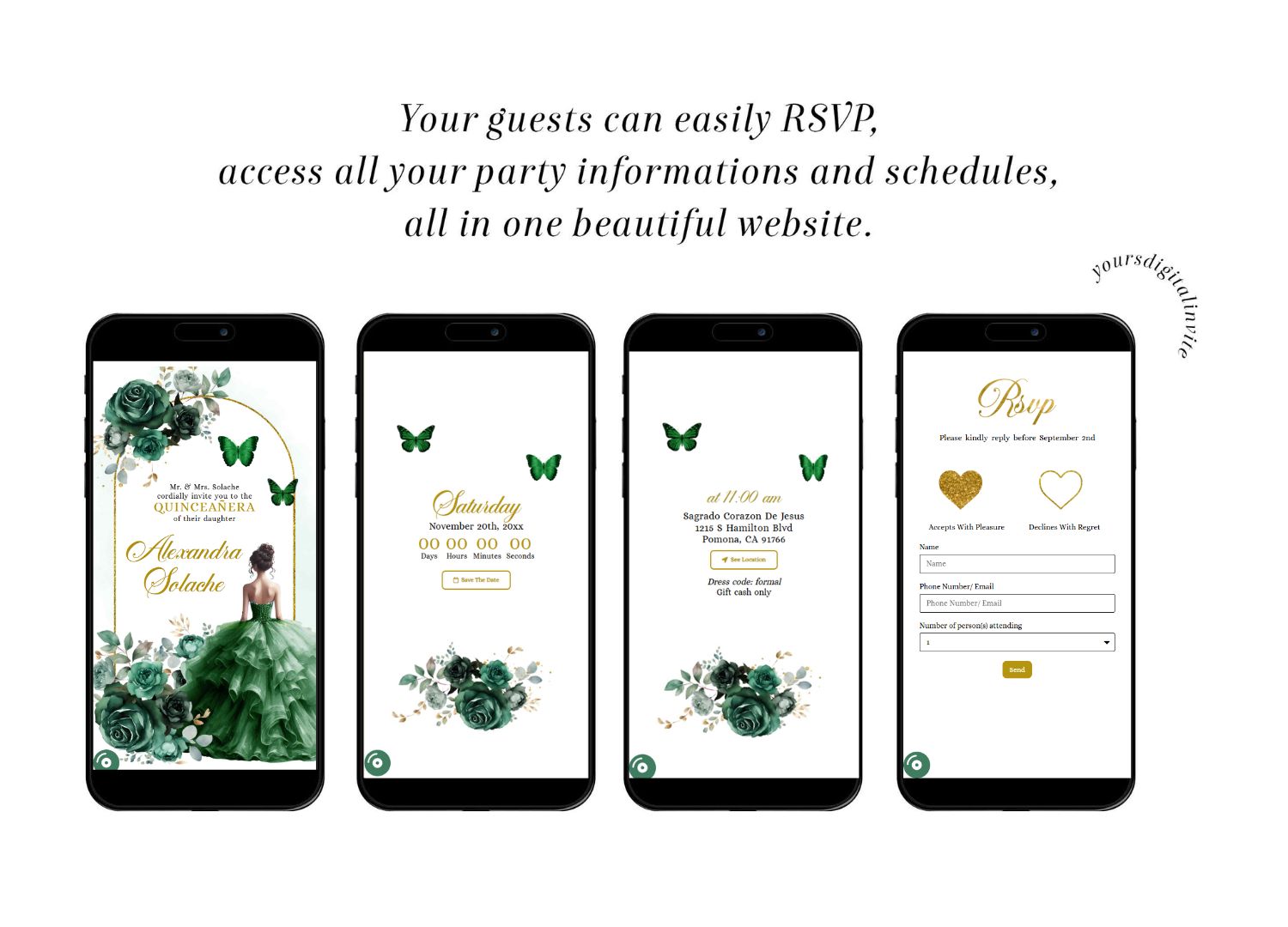 All Boho Gold Green Emerald Beautiful Princess Mexican Quince Anos Invitation