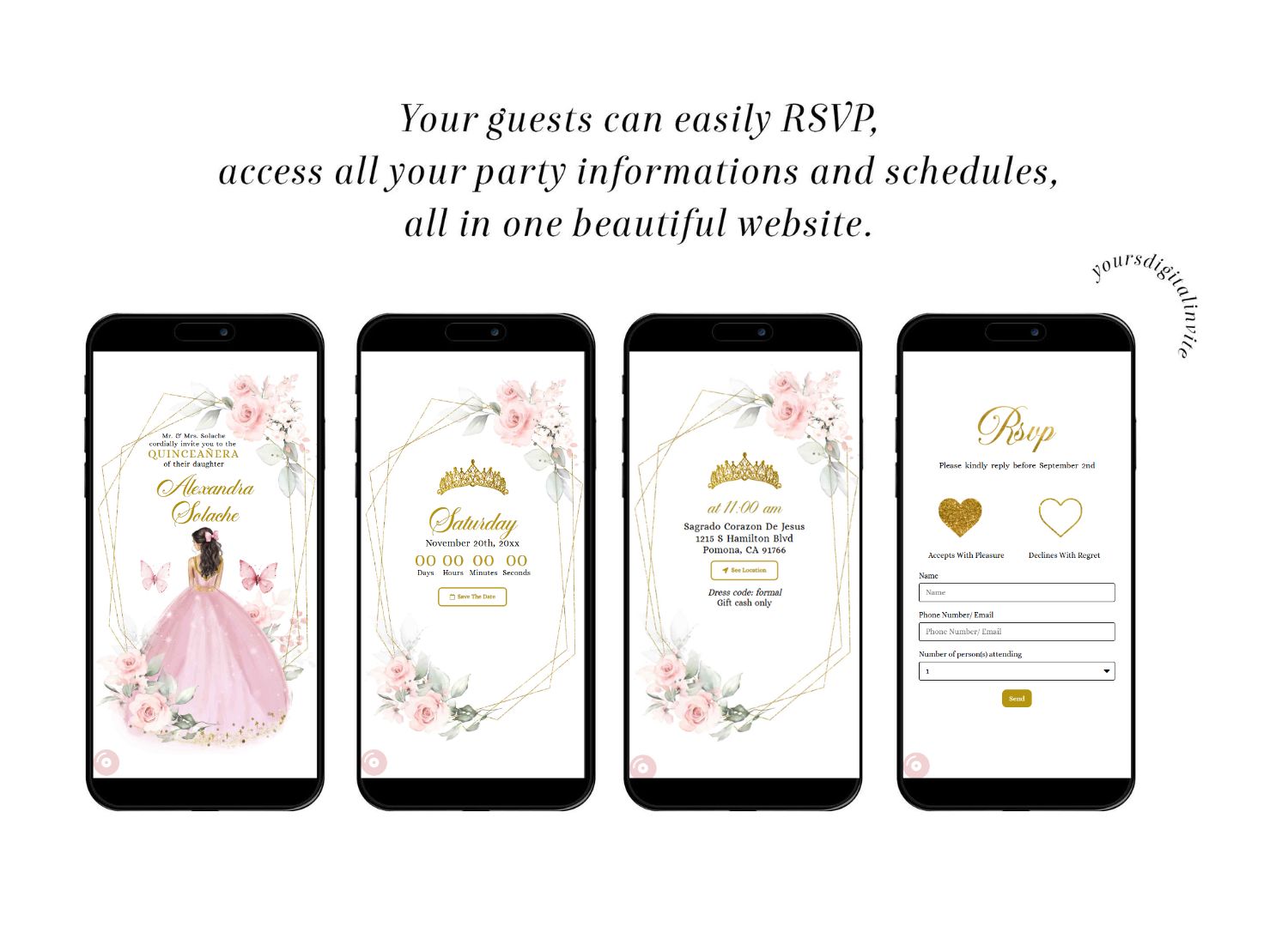 All A16 Pink And Gold Mexican Princess Quinceañera Invitation