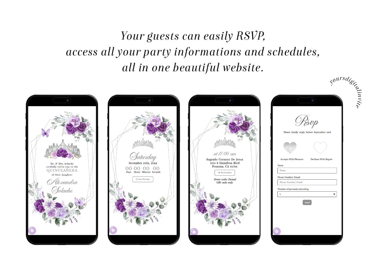 A16 Purple And Silver Mexican Princess Quinceañera Invitation