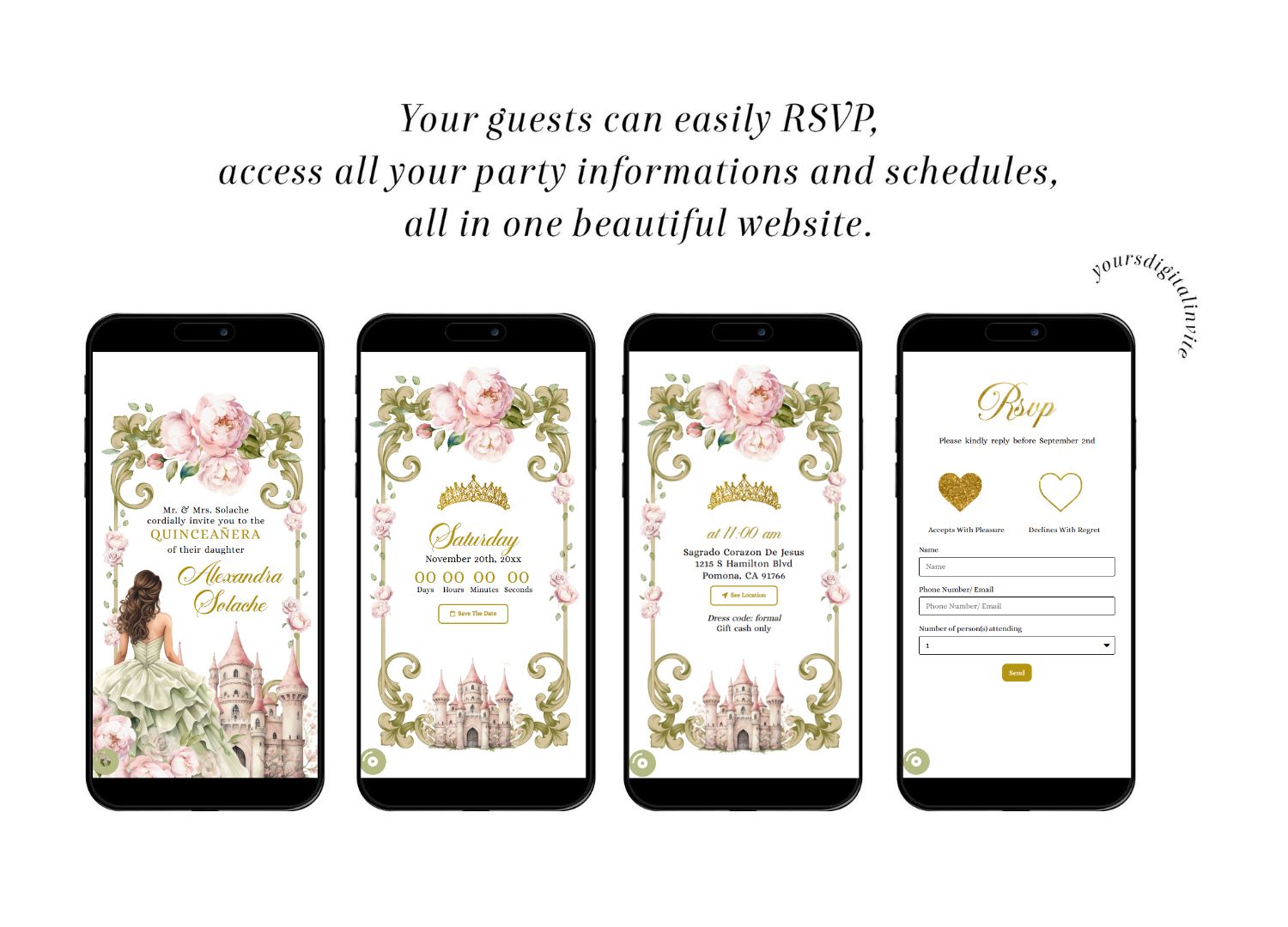 All A15 Fairytale Princess Castle Sage Blush Pink Floral Quinceañera Invitation