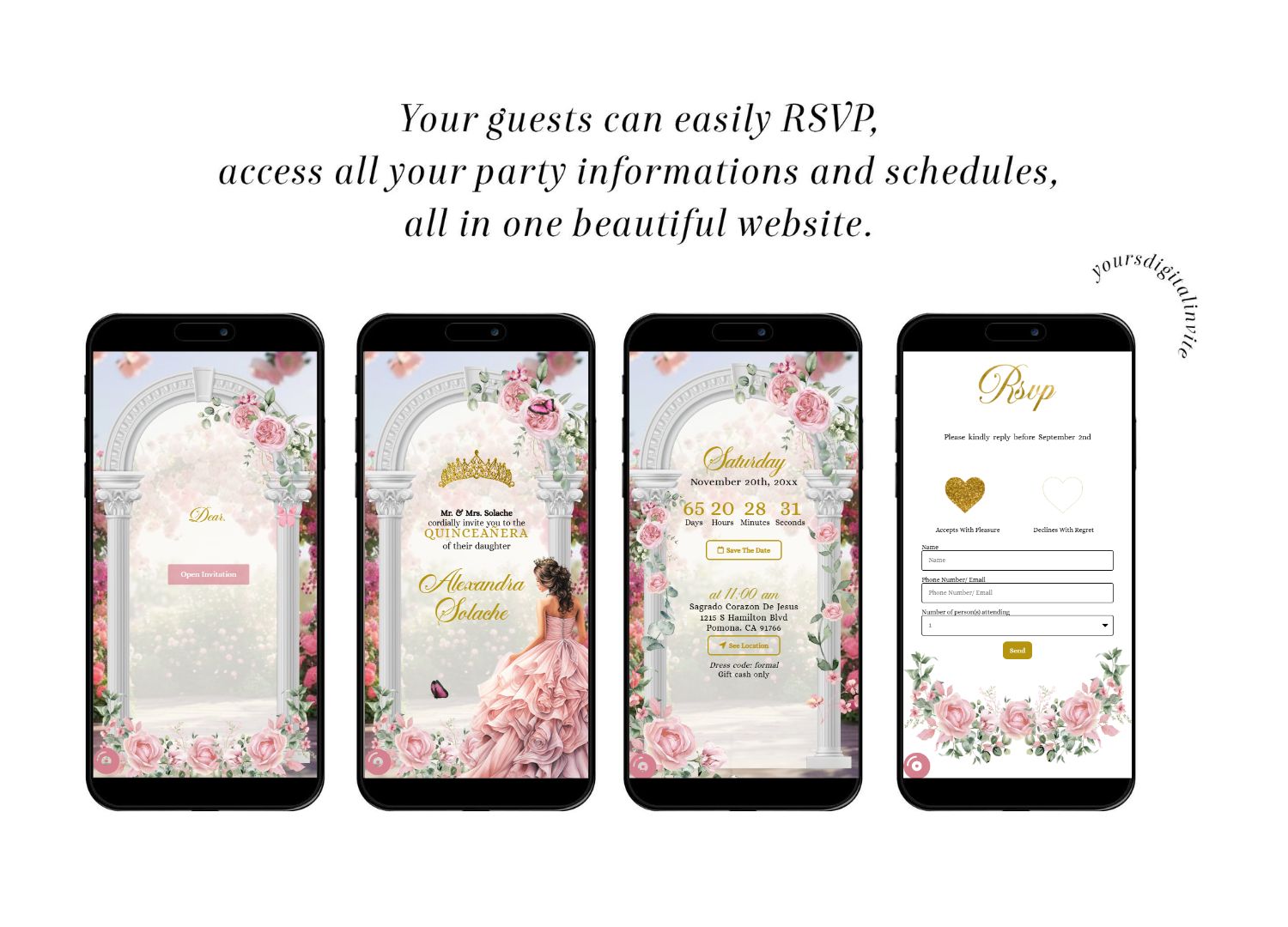 A11 Pink Floral Garden Fairy Quinceañera Invitation