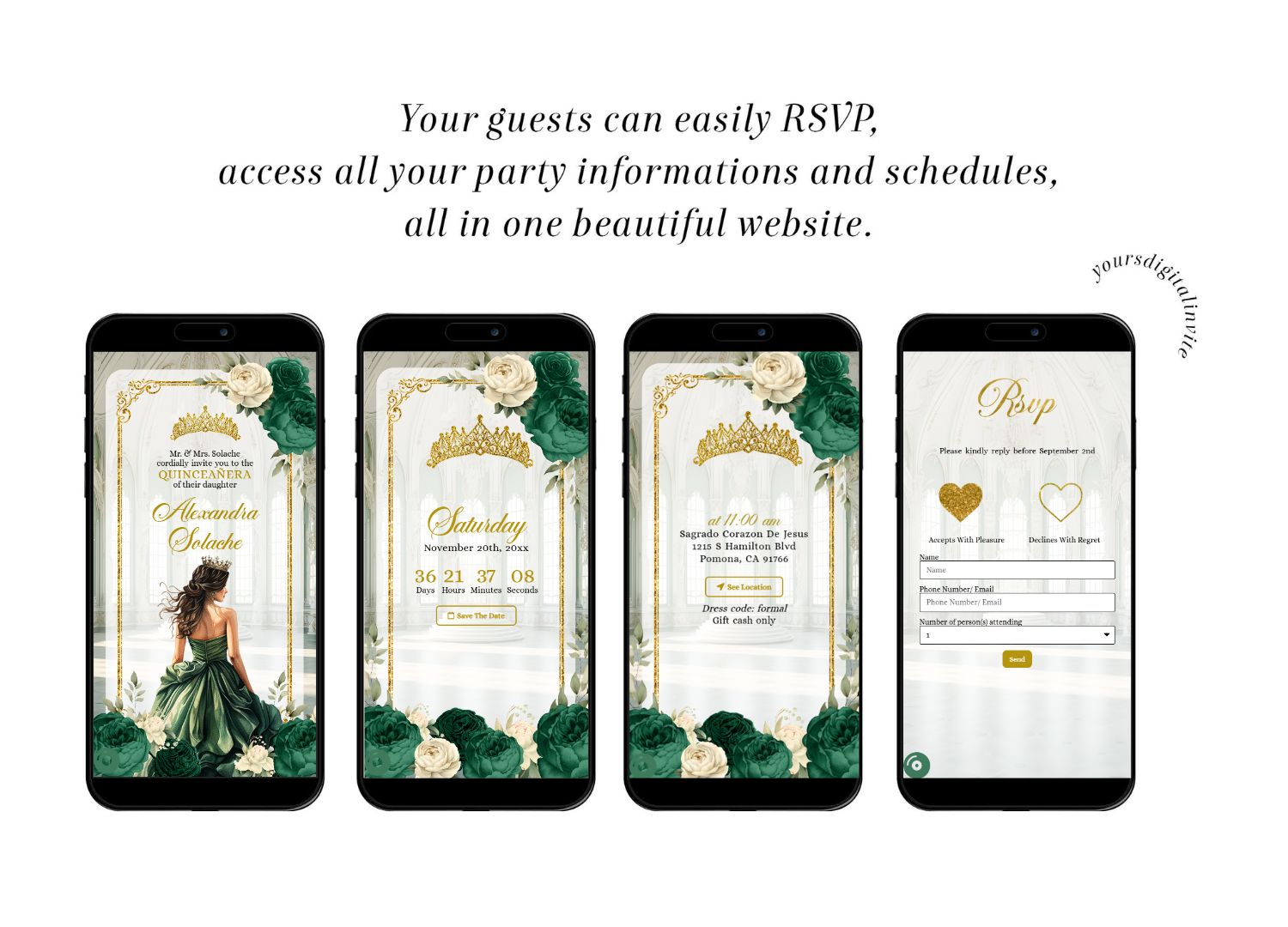 All A12 emerald A12 Emerald Green Ballroom Quinceañera Invitation