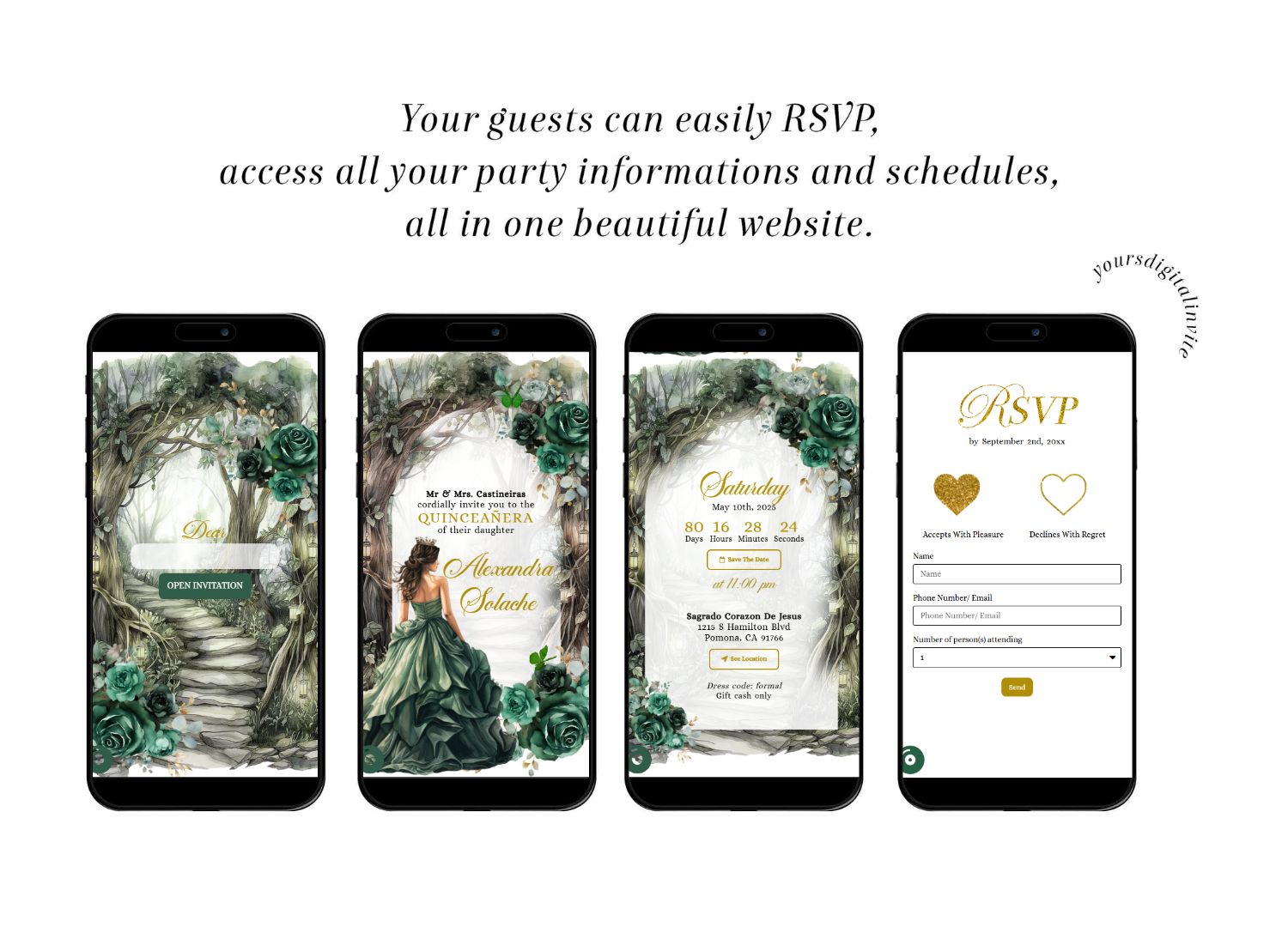 All A14 emeral Hunter Green Whimsical Forest Quinceañera Invitation