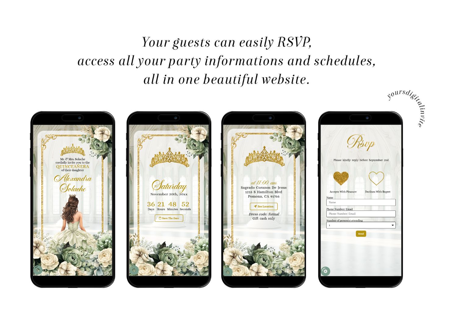 All a12 sage Sage Floral Ballroom Quinceañera Invitation