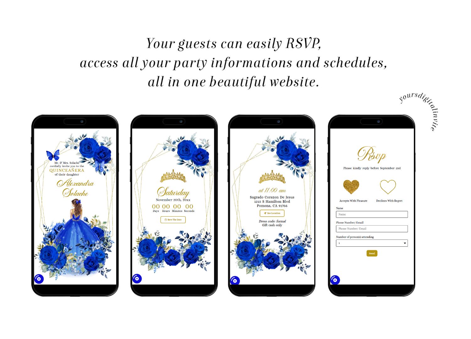 Geometric Royal Blue And Gold Mexican Princess Quinceañera Invitation