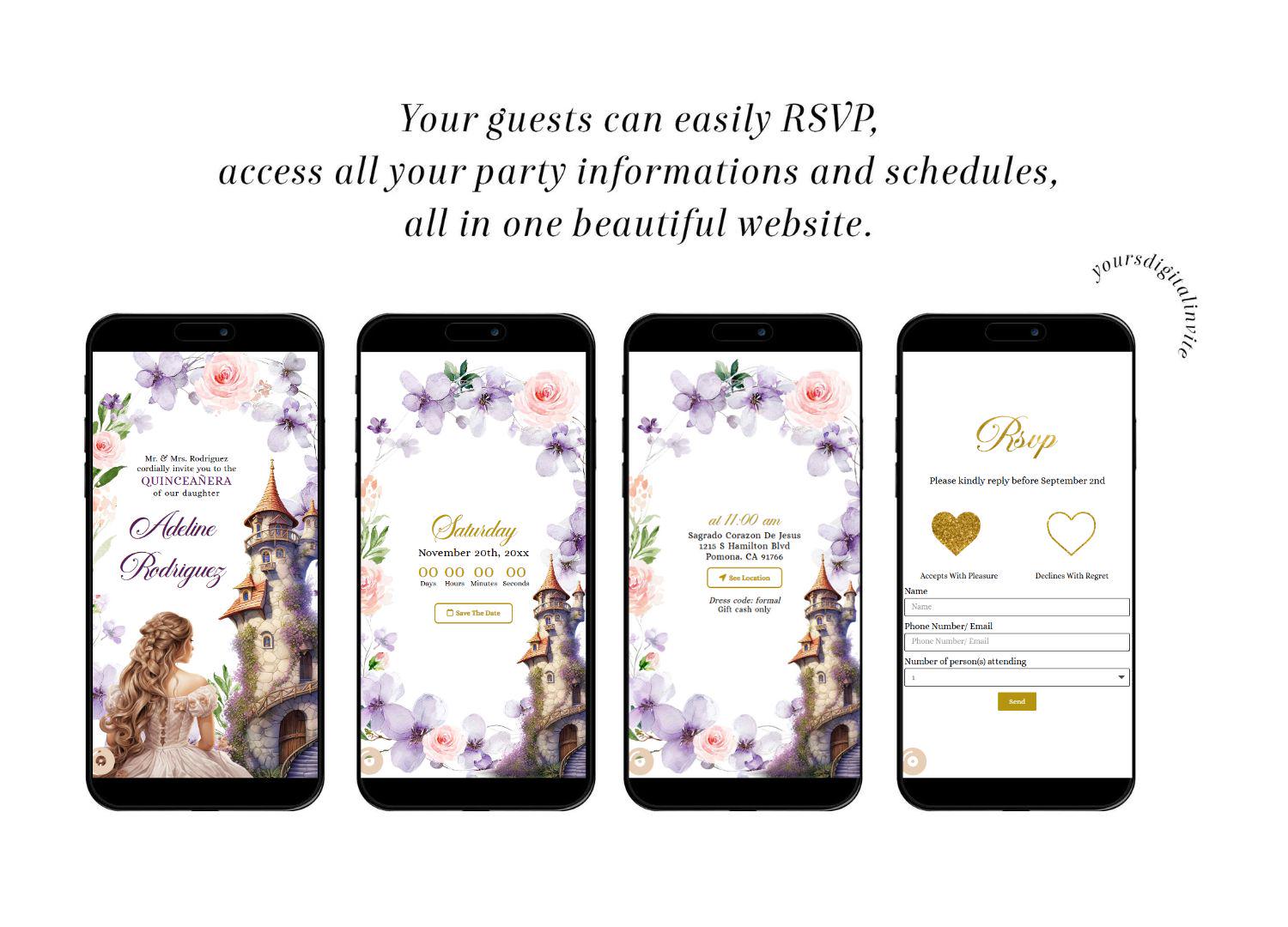 A15 Fairytale Princess Pink Purple Quinceañera Invitation