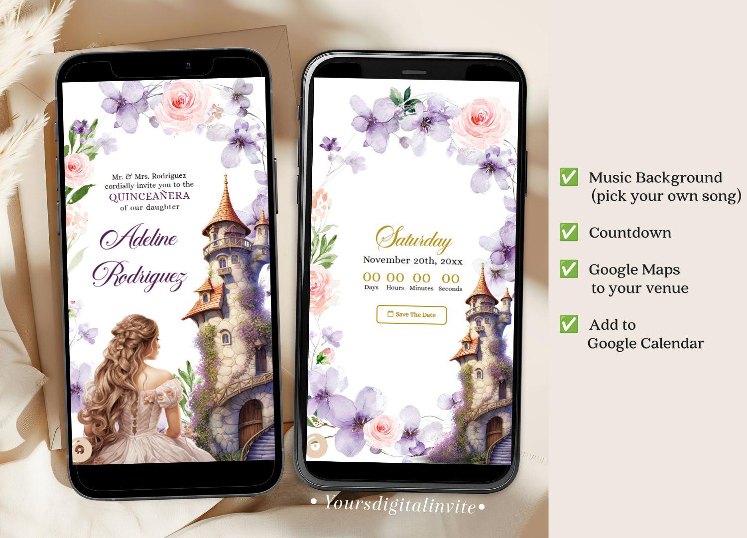 A15 Fairytale Princess Pink Purple Quinceañera Invitation