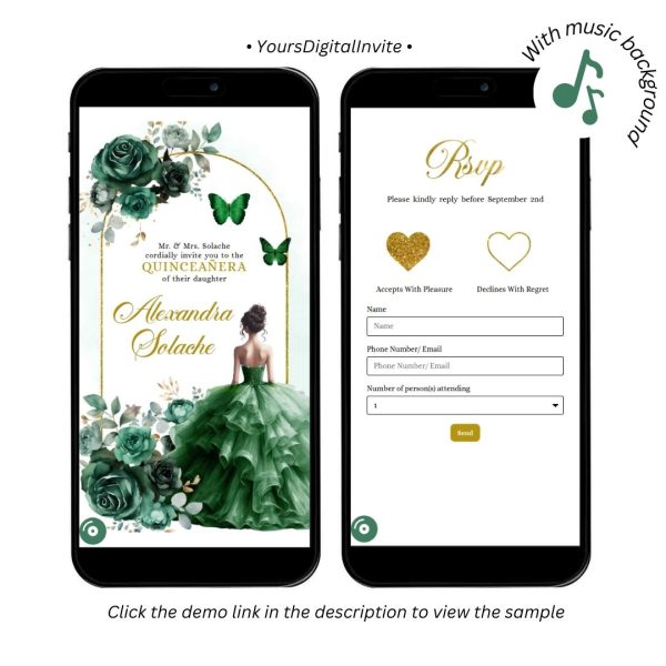 Boho Gold Green Emerald Beautiful Princess Mexican Quince Anos Invitation