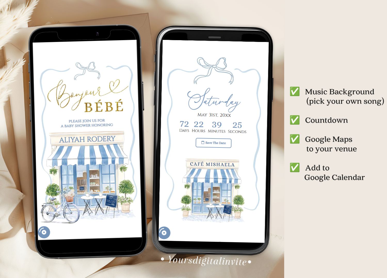 C94 Coquette Parisian Cafe French Blue Baby Shower Invitation