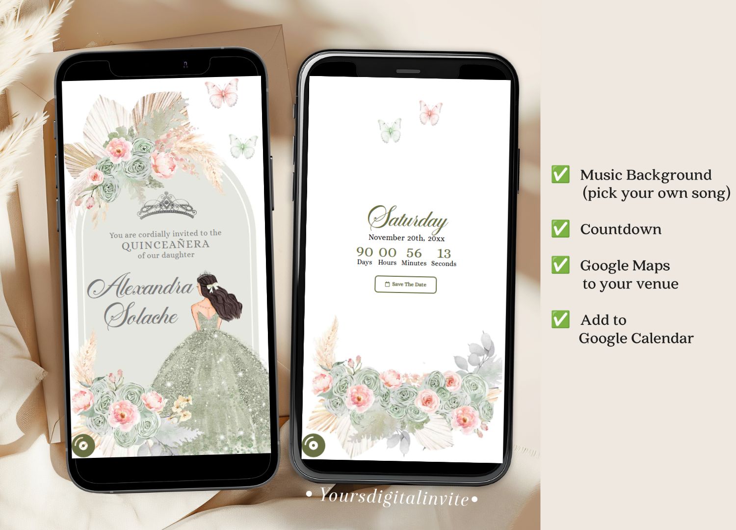 1+3 A18 Blush Boho Sage Green and Blush Pink Pampass Grass Quinceanera Princess Invitation