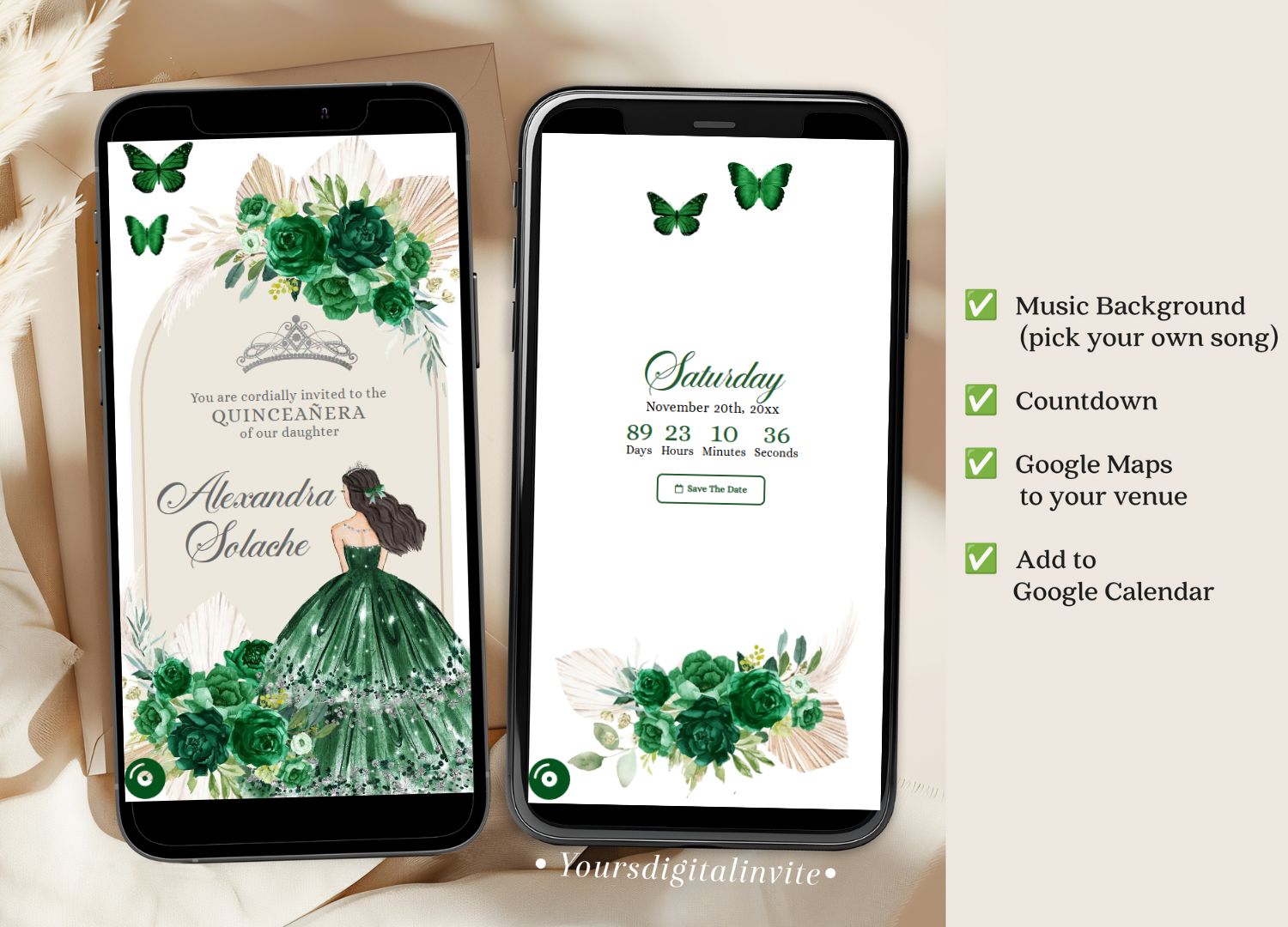 Boho Emerald Green Pampass Grass Quinceanera Princess Invitation