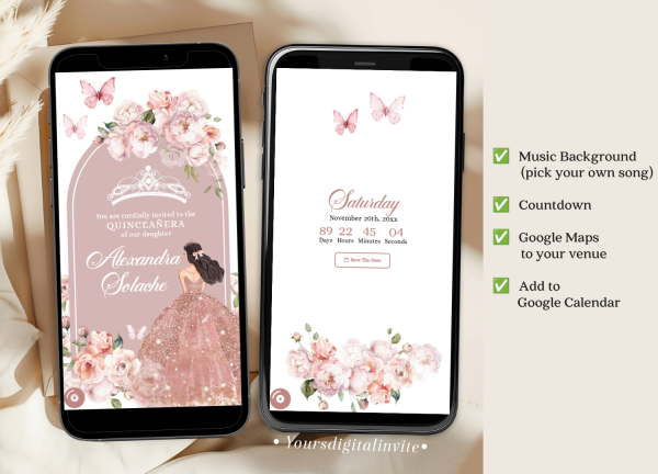 Butterfly Rose Gold Pink Quinceanera Princess Invitation
