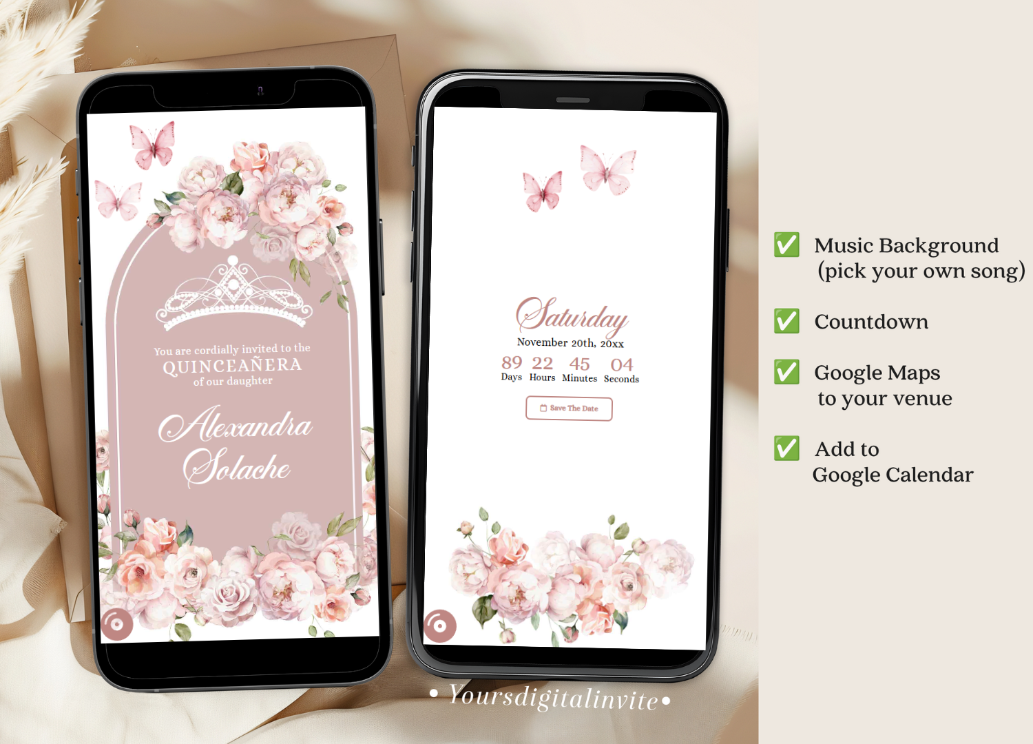 1+3 A18 Pink2 Butterfly Rose Gold Pink Quinceanera Invitation