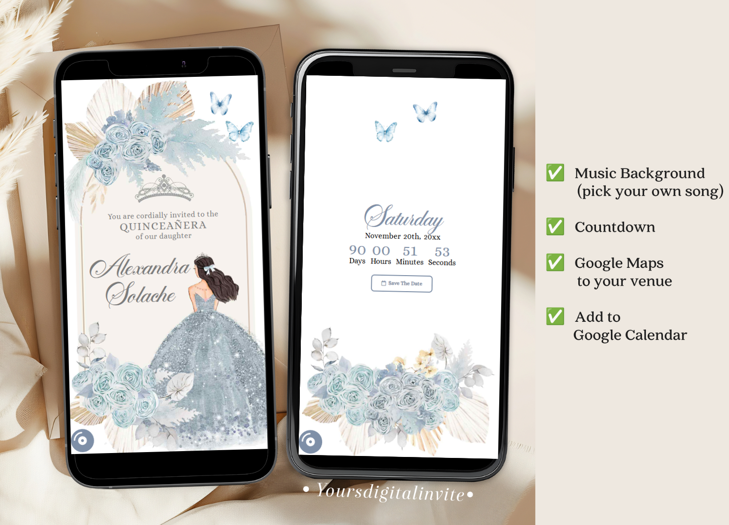 A18 Baby Blue Boho Pampass Grass Quinceanera Princess Invitation